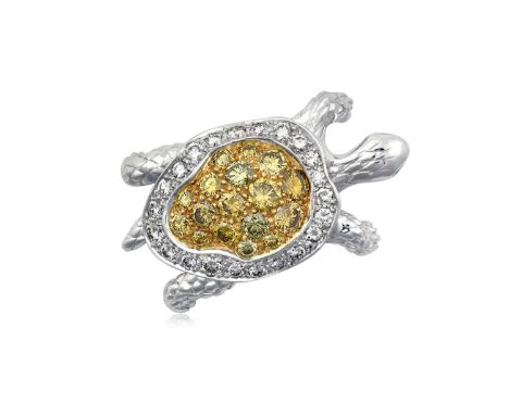 A French Fancy Yellow Diamond and Diamond Broochrealistically modelled as a tortoise, with a yellow diamond pavé set shell an