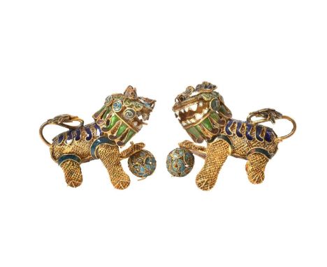 A Pair of Chinese Silver Filagree and Enamel Guardian Lions,  Apparently Unmarked, 20th Century humouristically modelled as g
