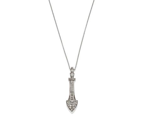 A Diamond Pendant on Chainthe tapered openwork drop set throughout with old cut, eight-cut and rose cut diamonds, in white mi