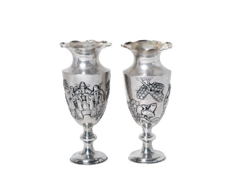 A Pair of Chinese Export Silver Vases,  With Artisan Mark of Ren, Hong Kong and Canton,  First Half 20th Century, Retailed by