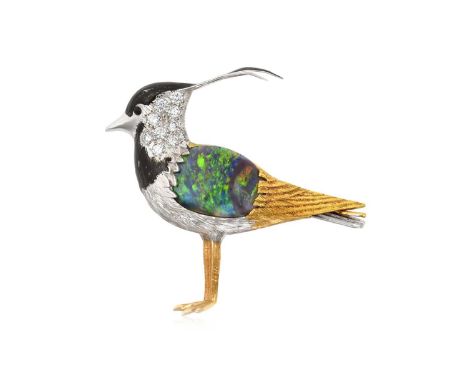 An 18 Carat Gold Opal, Diamond and Enamel Brooch realistically modelled as a lapwing, with on oval black opal plaque body, th