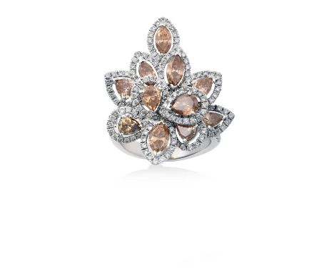 A Diamond Cluster Ringthe spray motif set throughout with fancy orangey-brown marquise and pear cut diamonds within borders o