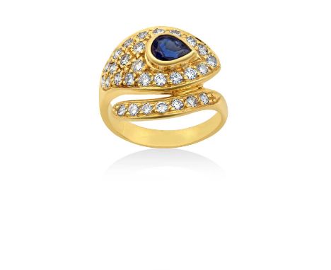 A Sapphire and Diamond Snake Ringthe snake head and tail set throughout with round brilliant cut diamonds and a pear shaped s