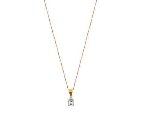 A Diamond Pendant on Chainthe emerald-cut diamond in a white four claw setting, surmounted by two graduated baguette cut diam