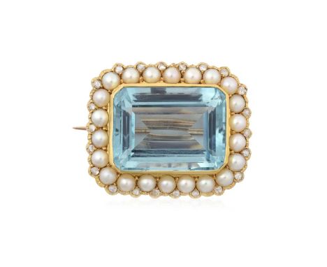 An Aquamarine, Split Pearl and Diamond Broochthe emerald-cut aquamarine in a yellow rubbed over setting, within a border of s