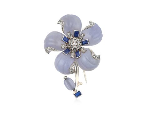 Property of a LadyA Chalcedony, Sapphire and Diamond Flower Brooch, by Suzanne Belperronthe flowerhead formed with a central 