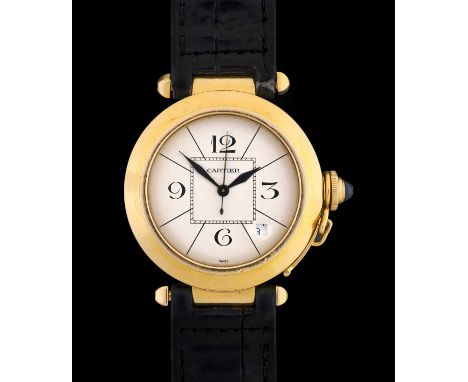 Cartier: An 18 Carat Gold Automatic Calendar Centre Seconds Wristwatch, signed Cartier, 330ft/100m, model: Pasha de Cartier, 