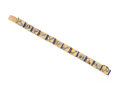 A Sapphire and Diamond Bracelettwelve rectangular yellow plain polished plaques terminating to trios of calibré cut sapphires