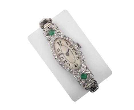 A Lady's Art Deco Emerald and Diamond Oval Shaped Wristwatch, signed Rolex, 1922manual wound lever movement signed, silvered 