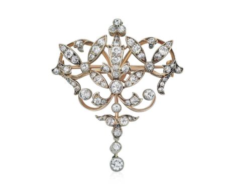 A Victorian Diamond Brooch/Pendantof openwork scroll form, set throughout with old cut and rose cut diamonds, suspending a si