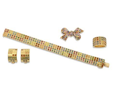 A Multi-Gem Set Bracelet, Brooch, Ring and Earring Suitethe bracelet, ring and earrings comprising of rows of round cut tourm