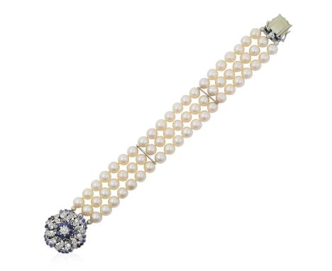 A Triple Row Cultured Pearl Bracelet, with A Sapphire and Diamond Cluster Claspeach row of twenty-three cultured pearls knott