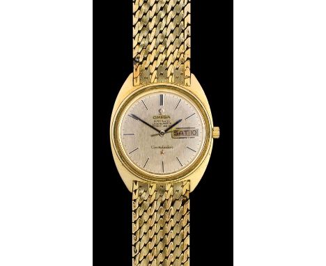 Omega: An 18 Carat Gold Automatic Day/Date Centre Seconds Wristwatch, signed Omega, Chronometer Officially Certified, model: 
