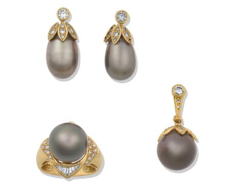 A Tahitian Black Pearl and Diamond Ring, Pendant and Earring Suitethe Tahitian black pearl within a border of tapered baguett