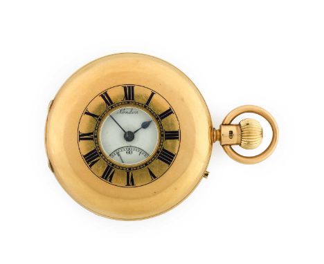 J.W.Benson: An 18 Carat Gold Half Hunter Pocket Watch, retailed by J.W.Benson, London, 1899, manual wound lever movement sign