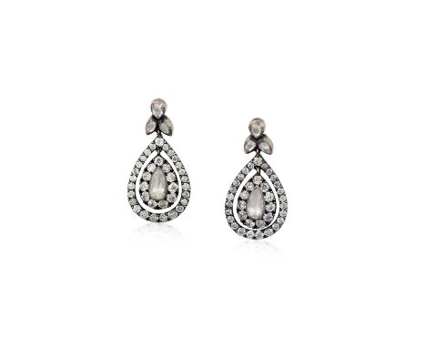 A Pair of Diamond Drop Earringsthe rose cut pear diamond within a border of old cut diamonds, suspended within a further fram