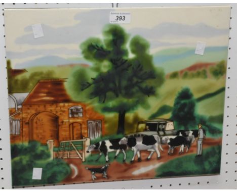A ceramic tile with a farmyard scene