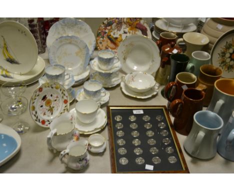 A Staffordshire part tea service; a framed set of commemorative medals England 2004 Football; a Royal Crown Derby 8687 patter