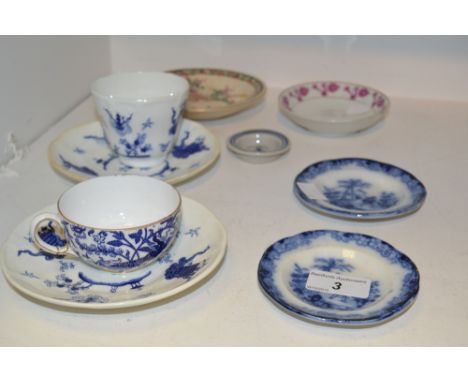 Ceramics - a Satsuma pottery saucer;  a Derby cup;  a pair of dolls house blue and white saucers etc 