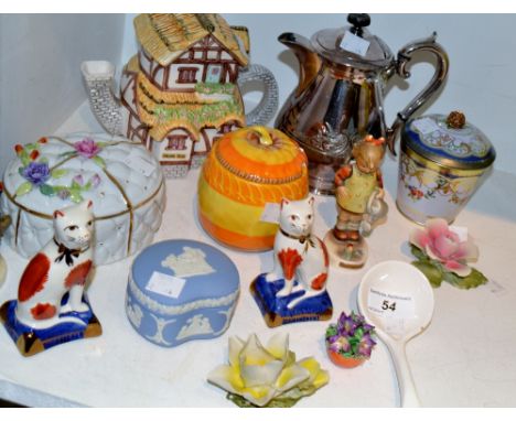 Decorative Ceramics - a Shelley preserve pot and cover; Goebel Hummel figures; novelty tea pot; Wedgwood Jasperware trinket p