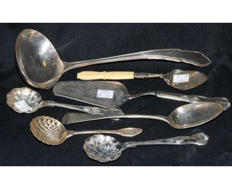 A George III Old English pattern table spoon, London 1790;  a plated ladle;   plated sifter spoons;  etc 