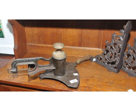 A Universal marmalade cutter; a pair of wrought iron shelf brackets 