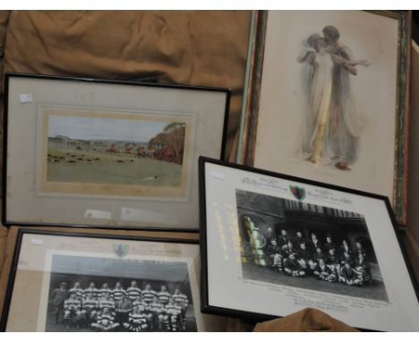 Pictures - EMG, Old Deer Park, watercolour;  The Cheshire Hunt, coloured print; black and white image, Queens College, Rugby 