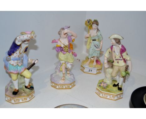 An associated set of four Sampson Hancock Derby figures, The Elements, Water stands barefoot holding a fishing net in her rig