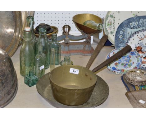 A set of brass and cast iron kitchen scales;  a brass saucepan;  Thompsons, Liverpool vintage lemonade bottle;  Wiley and Co 