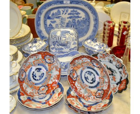 A Staffordshire Willow pattern meat plate;  two similar sauce tureens;  a ladle;  a set of six Japanese Imari plates;  etc