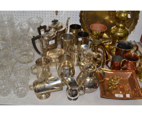 Plated Ware - an EPNS three piece half fluted tea service;  sugar bowl;  mugs;  etc 
