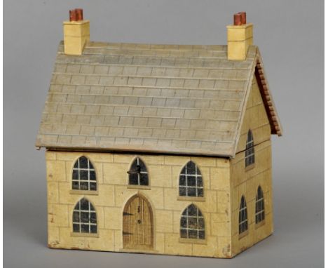 A naive Victorian house form tea caddy
Of large proportions, the hinged roof enclosing twin lidded sections.  27.5 cm wide. C