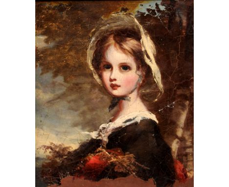ENLGISH SCHOOL (19th century)
Portrait of a Young Girl Wearing a Bonnet
Oil on panel
25 x 30 cm, framed CONDITION REPORTS: Un