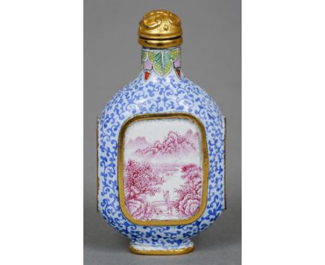 A finely decorated Chinese enamel snuff bottle
Of canted ovoid form with figural and scenic vignettes, the underside with blu