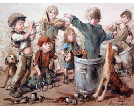 *AR BARRY LEIGHTON-JONES (1832-2011) British
Urchin Orchestra
Oil on canvas
Signed
90 x 70 cm, framed CONDITION REPORTS: Gene