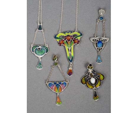 Five Sterling silver enamel decorated Art Nouveau style pendants on chains
Each of organic floral design.  The largest 5.5 cm