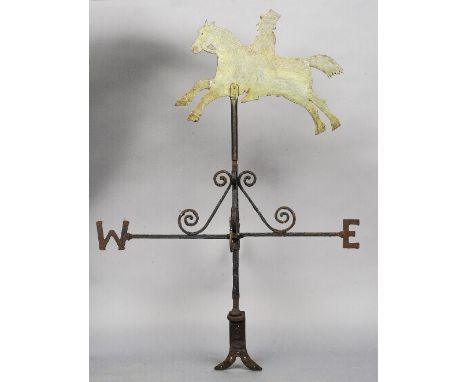 A late 19th century English wrought iron Huntsman weather vane
The main body of typical form, mounted with a huntsman astride