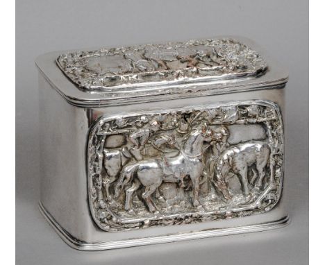 A 19th century Old Sheffield plate silver plated tea caddy
Decorated in high relief with hunting vignettes.  16 cm wide. COND