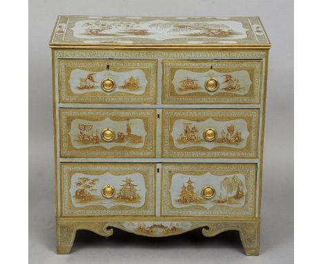 A chinoiserie lacquered 19th century lacquered chest of drawers
The moulded rectangular top above an arrangement of two short
