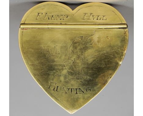 A late 18th/early 19th century brass heart shaped snuff box
The hinged lid inscribed F. Kemp, Hull and Hunting and with a sce