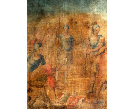 A large antique painting on linen
Depicting classical soldiers rounding up prisoners, framed.  146.5 x 196.5 cms. CONDITION R