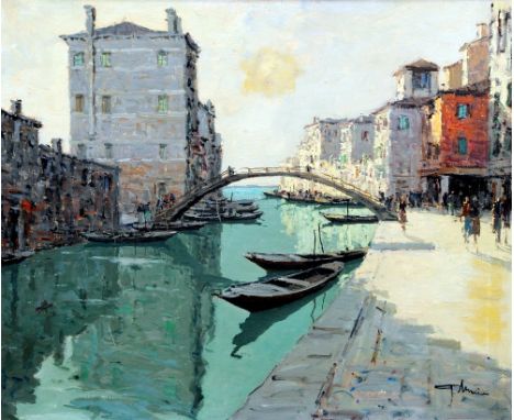 BEPI MARINO (20th century) Italian
Rio de la Sensa-Venezia
Oil on canvas
Signed, old label to verso for Instituto Nazionale D