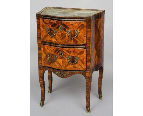 A 19th century French marble topped commode
Of small proportions, of bombe shape with grey inset marble top above two drawers