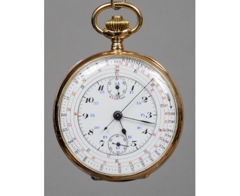 An unmarked 18 ct gold chronometer pocket watch
The white enamel multi-dial with various Arabic numerals.  4.75 cm diameter. 