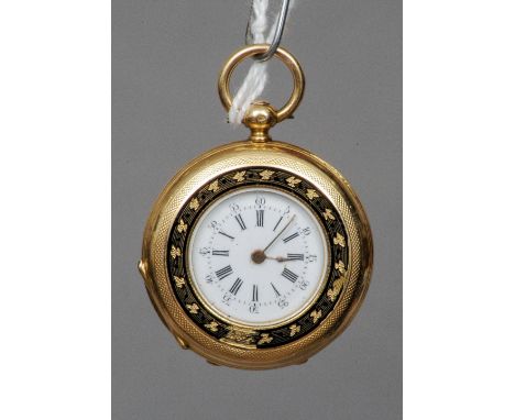 An 18 ct gold fob watch
The white enamel dial with Roman and Arabic numerals bordered by a band of enamel decoration.  3.25 c