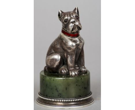 A Russian silver model of a pug dog
With gem set eyes and a guilloche enamel decorated collar, with Faberge and 84 Zlotnik ma