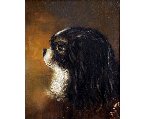 ENGLISH SCHOOL (19th century) 
Portrait of a King Charles Spaniel
Oil on canvas
Signed with initials and dated 1869
17.5 x 22
