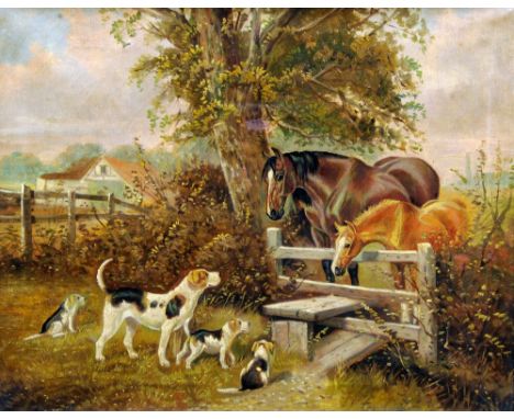 ENGLISH SCHOOL (20th century)
Mare and Her Foal With Bitch and Her Puppies at a Stile Gate
Oil on canvas
Indistinctly signed
