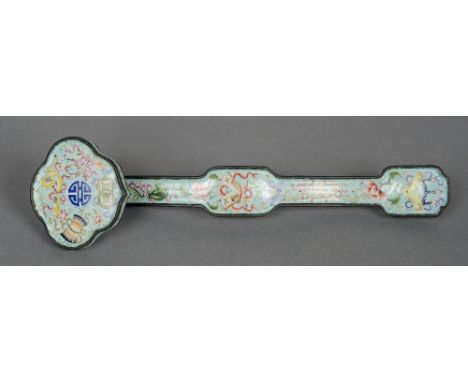 A Cantonese enamel decorated ruby sceptre
Of typical form.  28.5 cm long. CONDITION REPORTS: Overall good, some general wear.