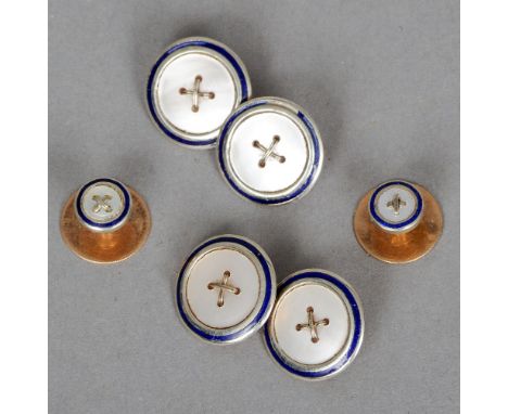 A pair of 18 ct gold mother-of-pearl set cufflinks
Each of circular form with a blue enamel band; together with two matching 